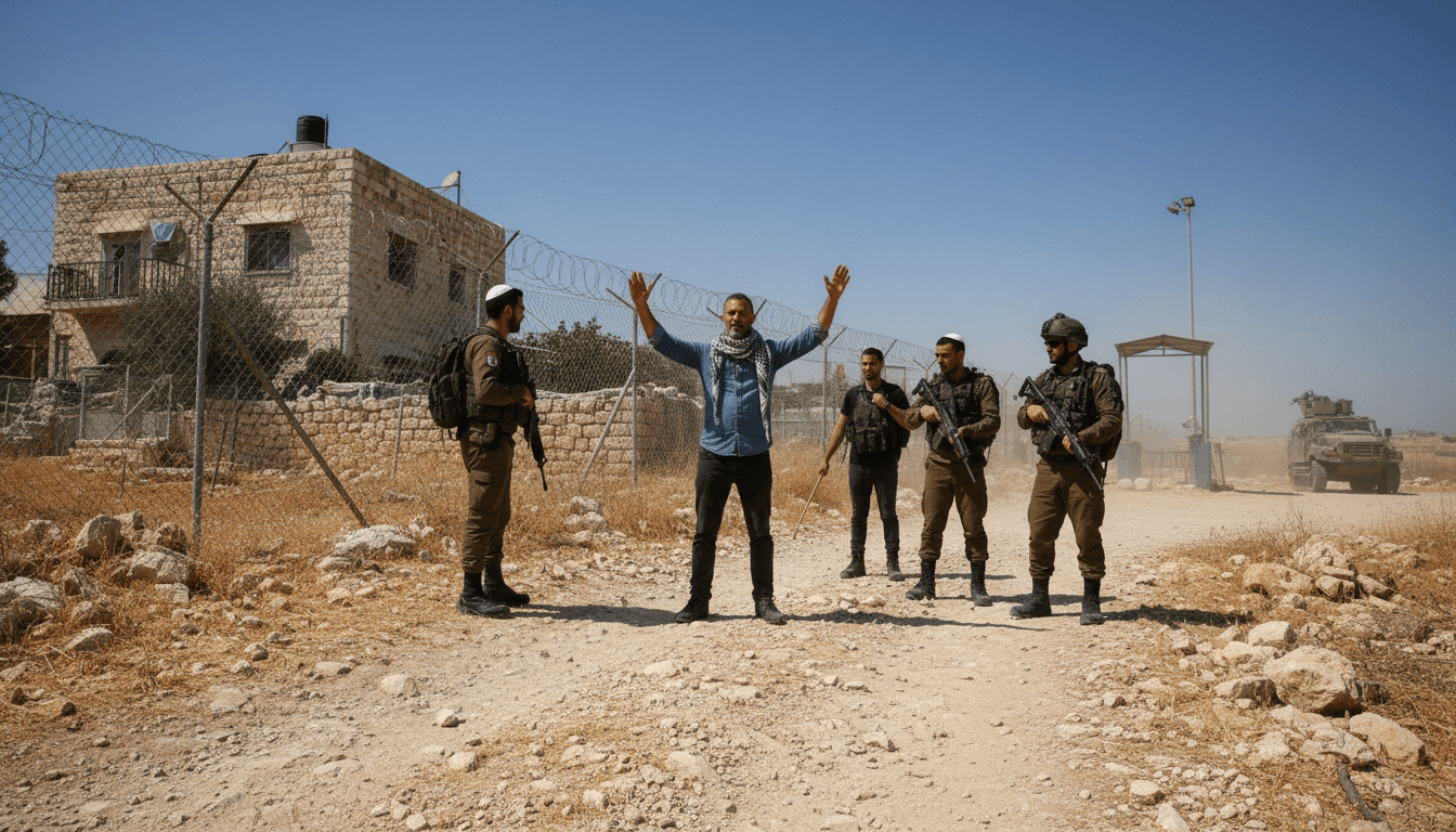 Loui Ridi confronting Israeli settlers outside his home in Qusra, symbolizing the struggle for land rights and identity.
