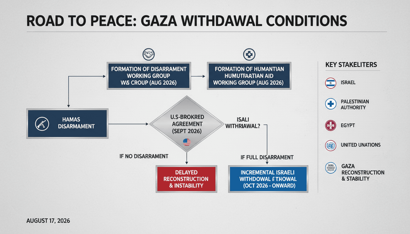 Flowchart showing the steps from Hamas disarmament to Israeli withdrawal in Gaza.