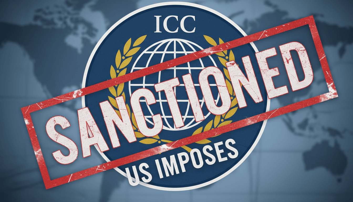 A graphic showing the ICC logo with a red "sanctioned" stamp overlay, representing U.S. sanctions on Tomoko Akane.