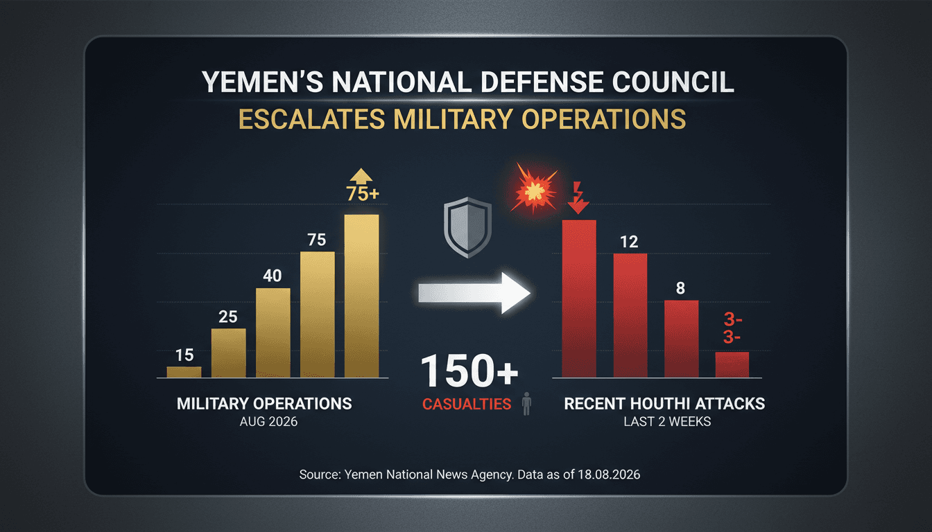 Infographic depicting Yemeni military operations and Houthi attacks, highlighting the National Defense Council's response.