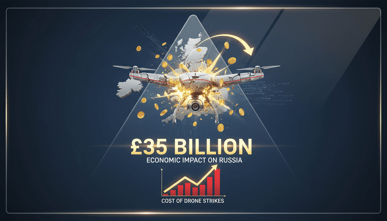 A graphic illustrating the £35 billion economic impact of drone strikes on Russia amidst rising geopolitical tensions.