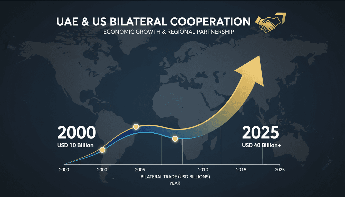 Infographic showing the growth of UAE-US bilateral trade and cooperation in the Middle East.