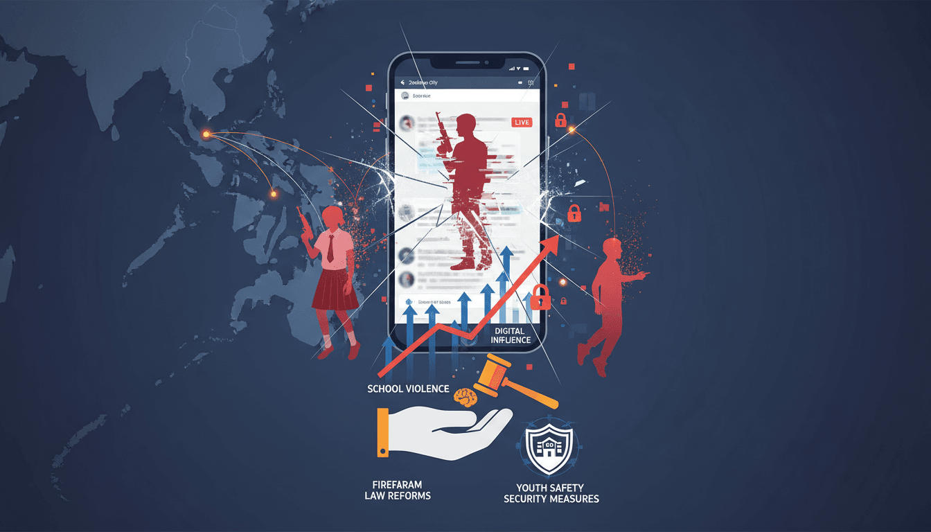 Infographic showing the rise of school violence linked to digital influences and its implications for youth safety.