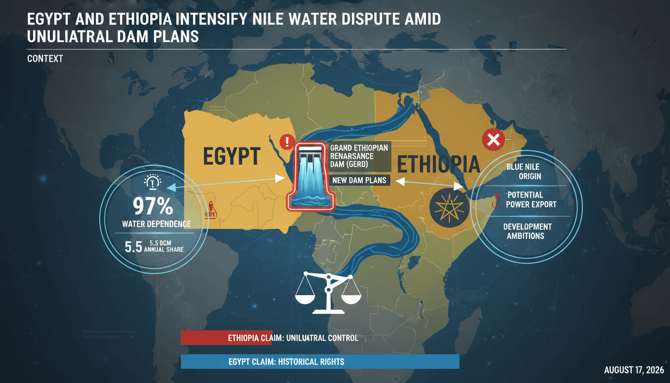 Infographic showing the Nile River basin, water allocation statistics, and key players in the dispute.