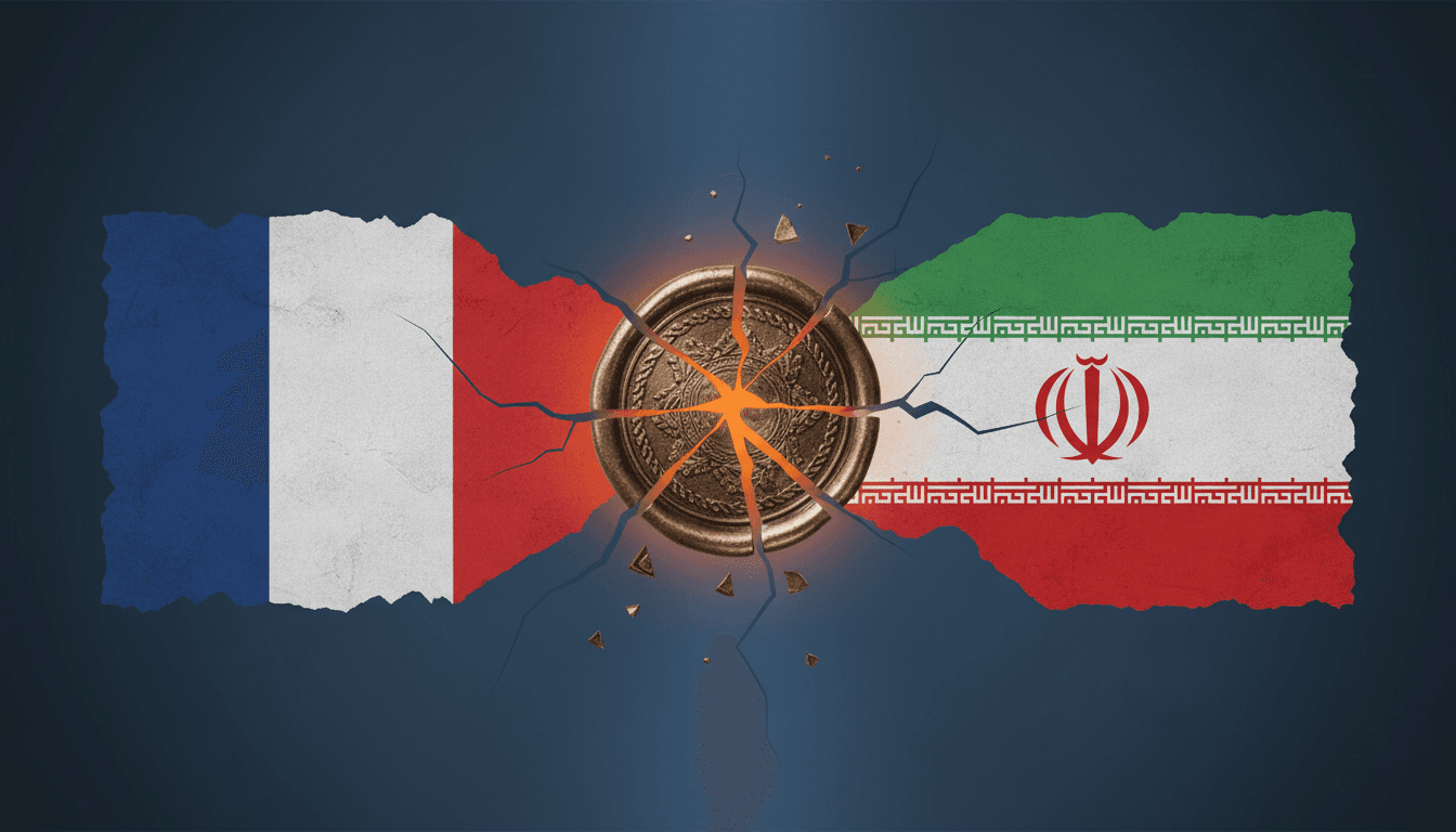 Flags of France and Iran with a broken diplomatic seal representing the expulsion of diplomats.