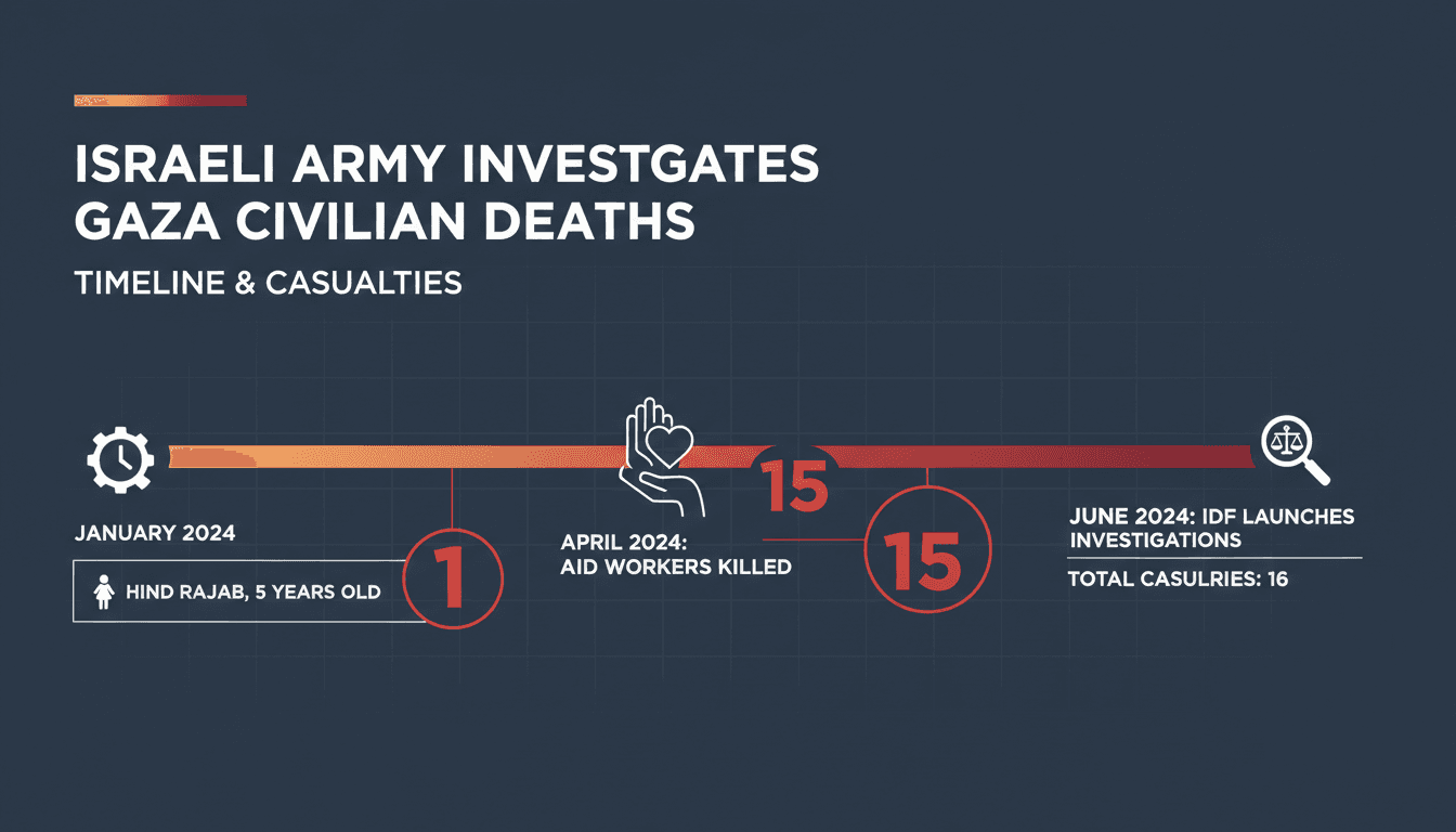 Infographic detailing the Israeli Army's investigations into the deaths of Hind Rajab and Palestinian aid workers.