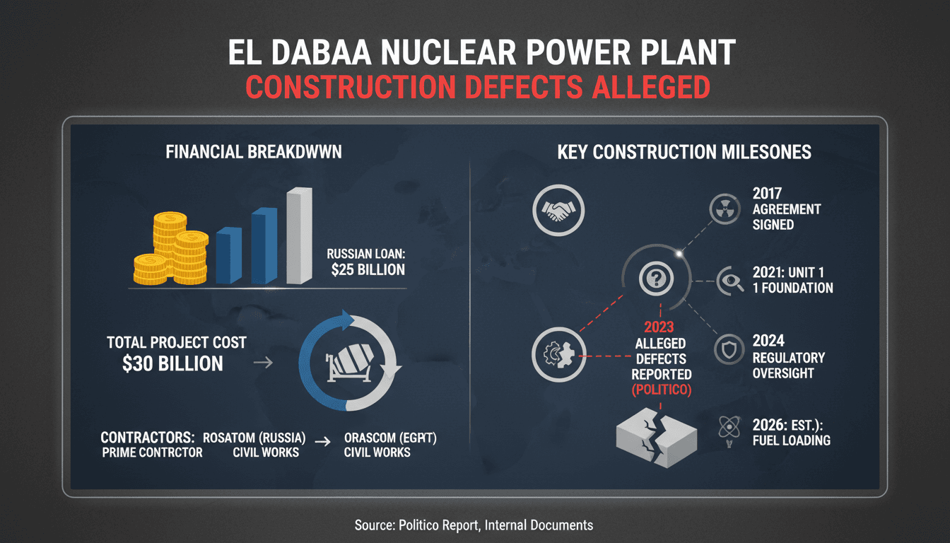 Infographic detailing the El Dabaa nuclear power plant's financial and construction milestones.