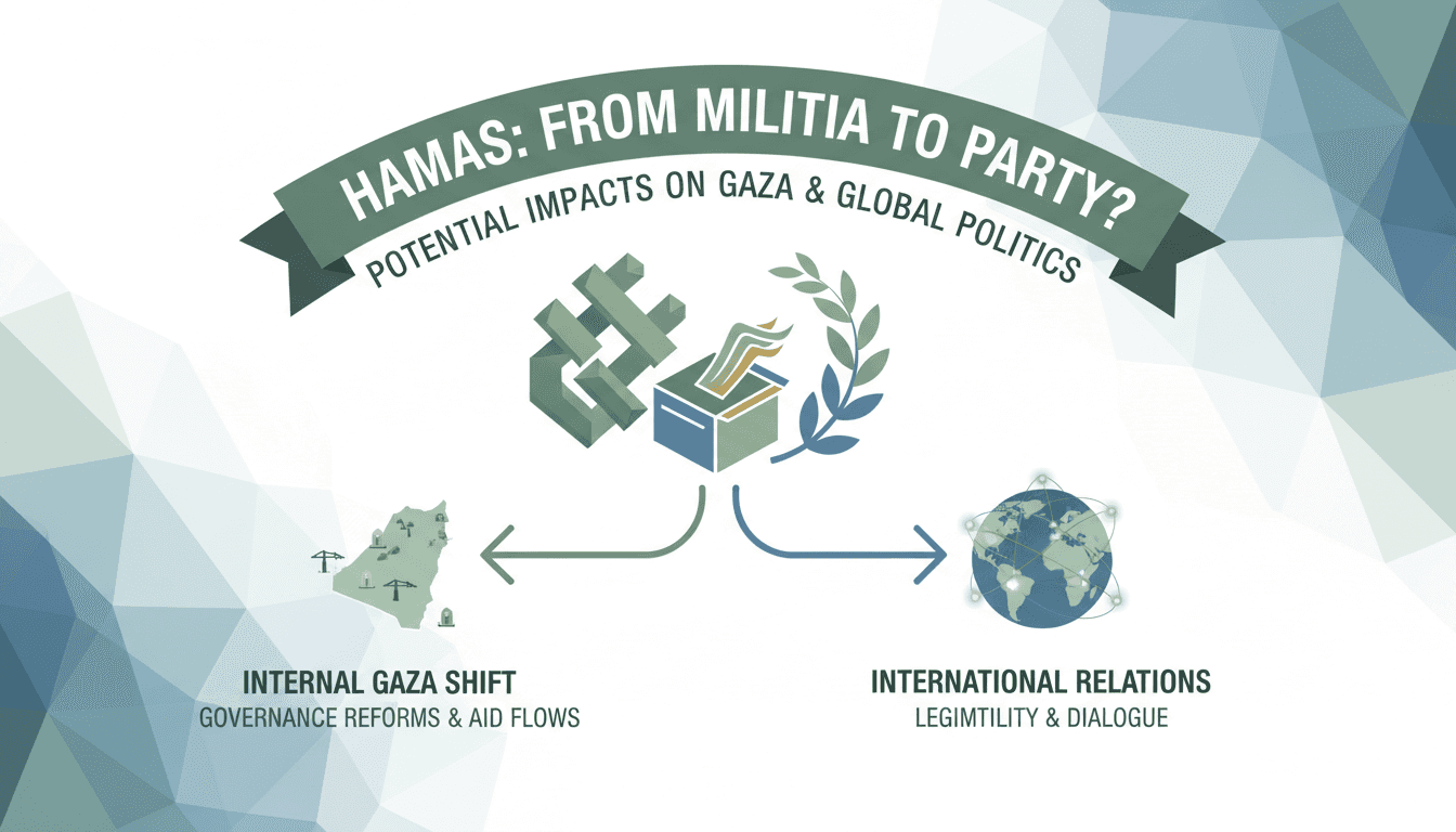 Infographic showing Hamas's transition to a social political party and its potential impacts on Gaza and international relations.