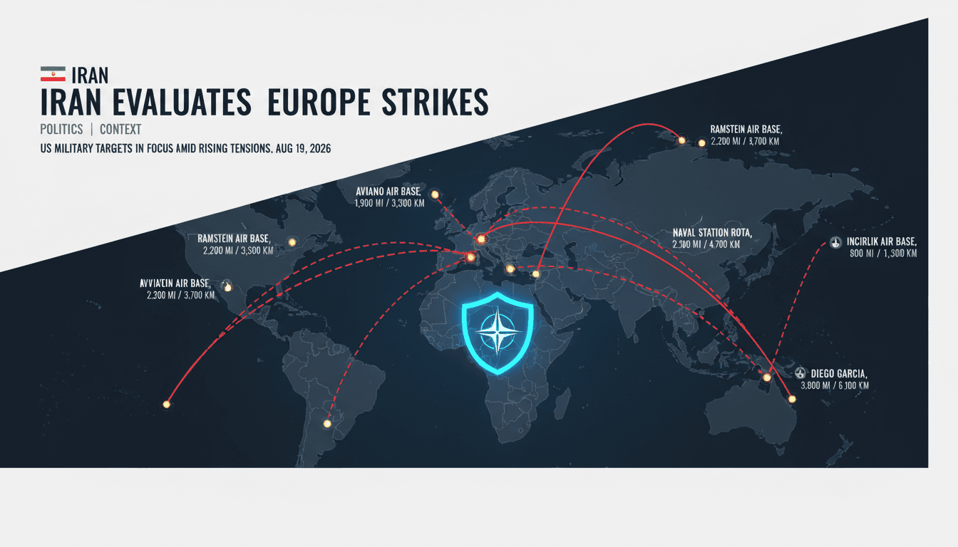 Map showing the distance from Iran to Diego Garcia, highlighting potential US military targets in Europe.