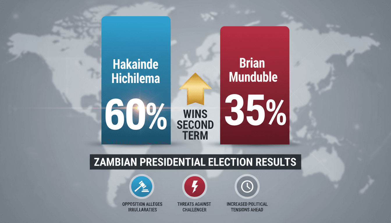 Infographic showing Hakainde Hichilema's 60.49% vote share in the 2026 Zambian election amid opposition claims.