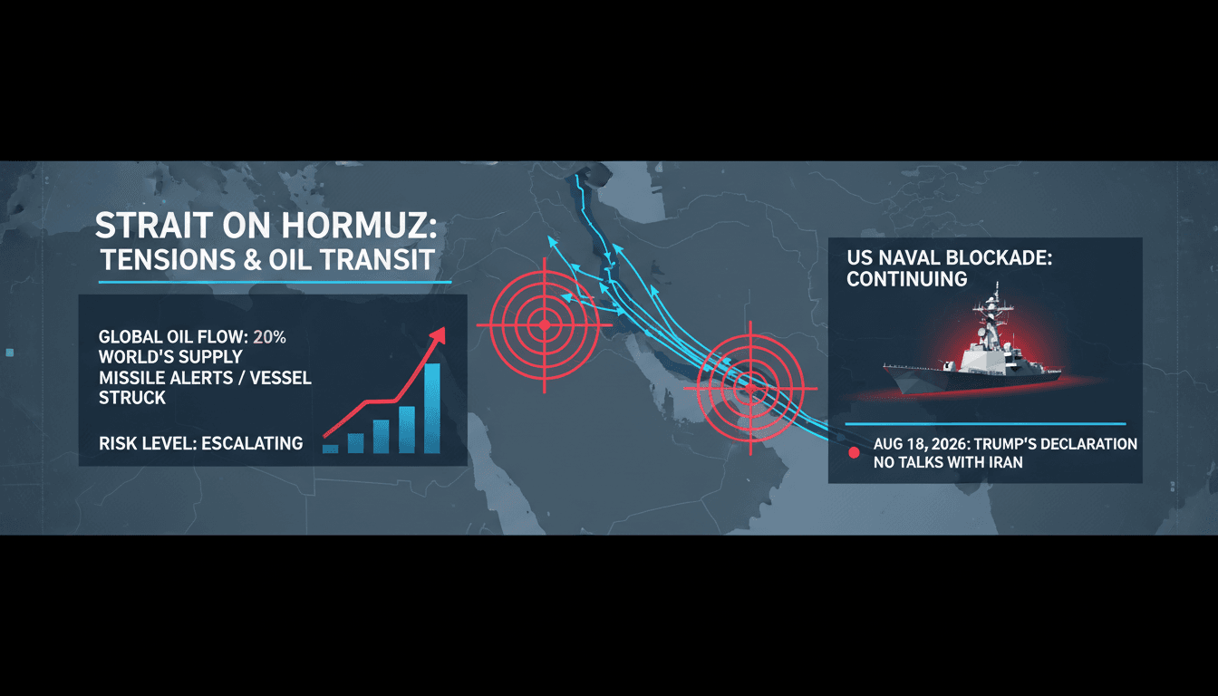 A map of the Strait of Hormuz highlighting shipping routes and the impact of the US naval blockade on oil exports.