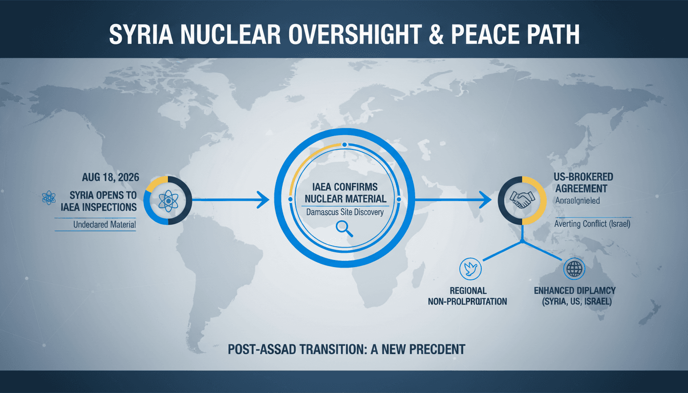 Infographic detailing Syria's nuclear oversight timeline and key milestones.