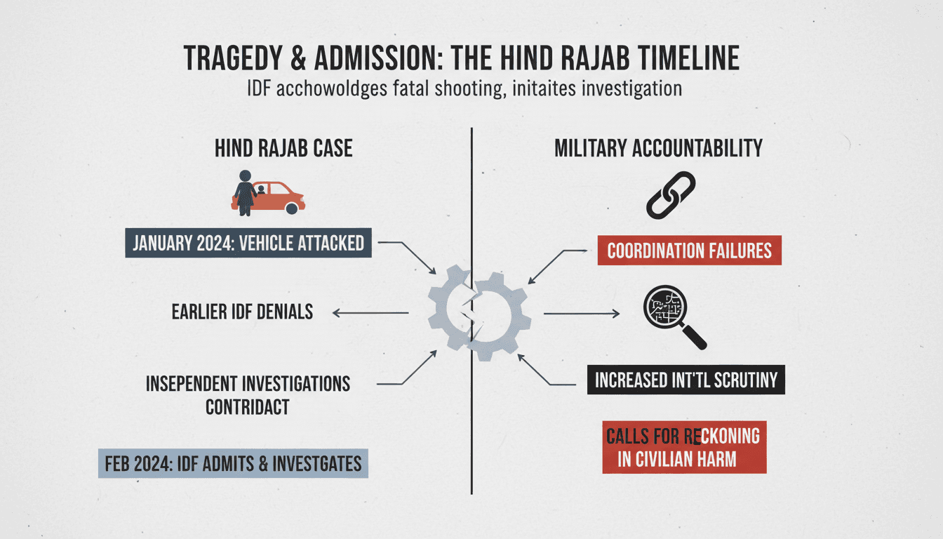 Infographic detailing the timeline and implications of the Israeli military's admission regarding Hind Rajab's case.