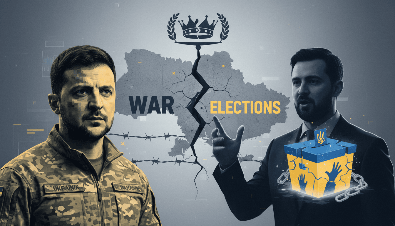 A graphic depicting the tension between wartime governance and the call for democratic elections in Ukraine.