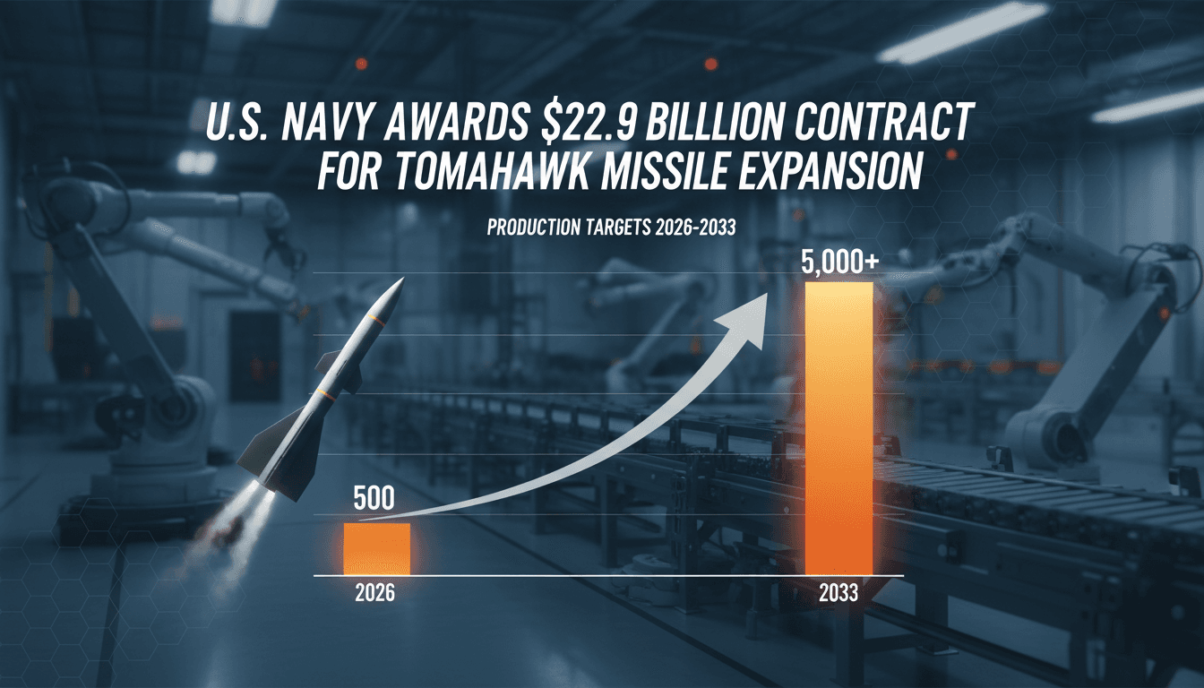 A graphic illustrating the U.S. Navy's $22.9 billion contract with Raytheon for Tomahawk missile production expansion.