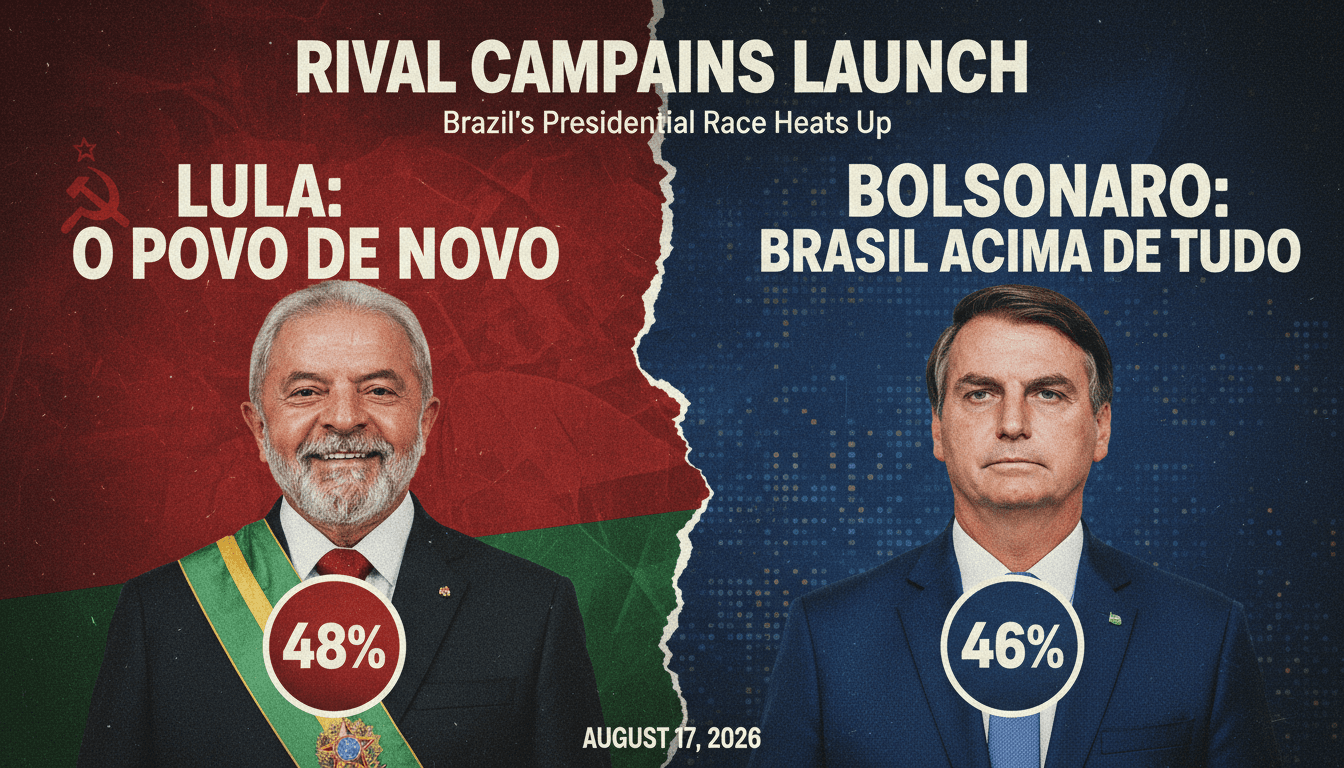 Lula and Flávio Bolsonaro at their campaign launches, highlighting the 2026 Brazil presidential race.