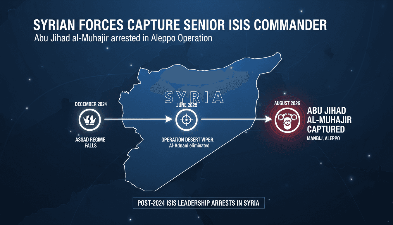 Syrian security forces arrest senior ISIS commander Abu Jihad al-Muhajir during a targeted operation in Aleppo Province.