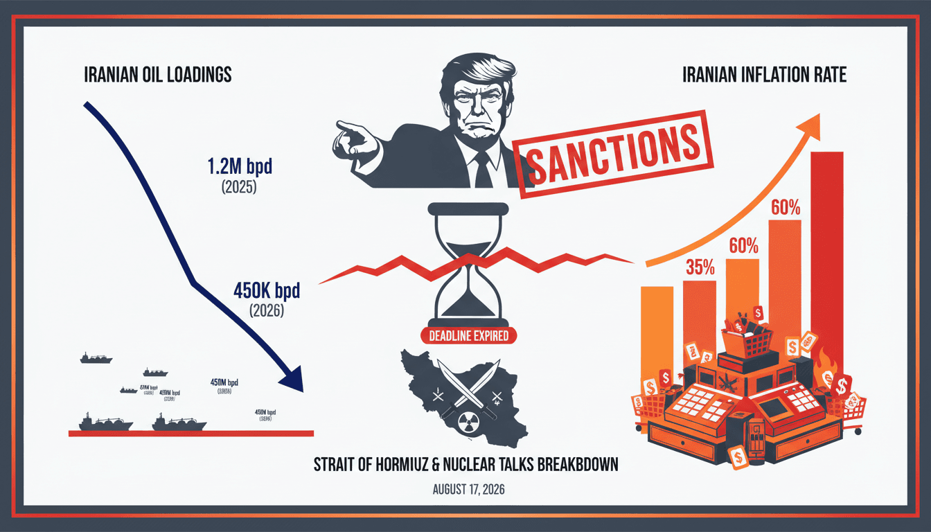 A graphic illustrating the decline in Iranian oil loadings and rising inflation rates following the US-Iran negotiation deadline expiration.