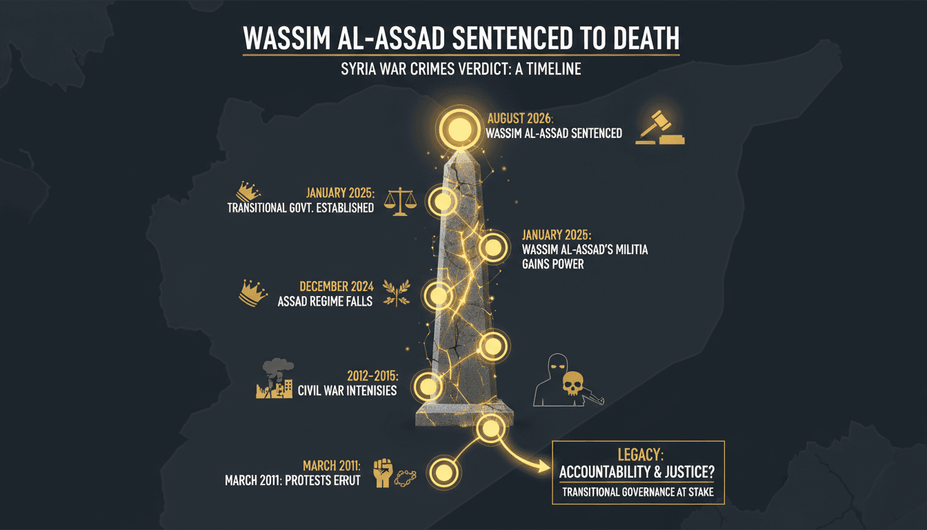 Infographic showing the timeline of Syria's civil war and key events leading to Wassim al-Assad's sentencing.