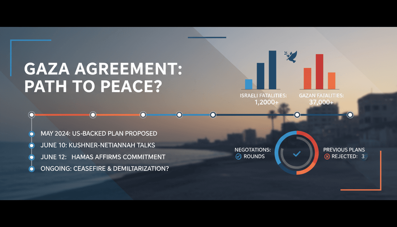 Infographic detailing the Gaza agreement timeline and key statistics on fatalities and negotiations.