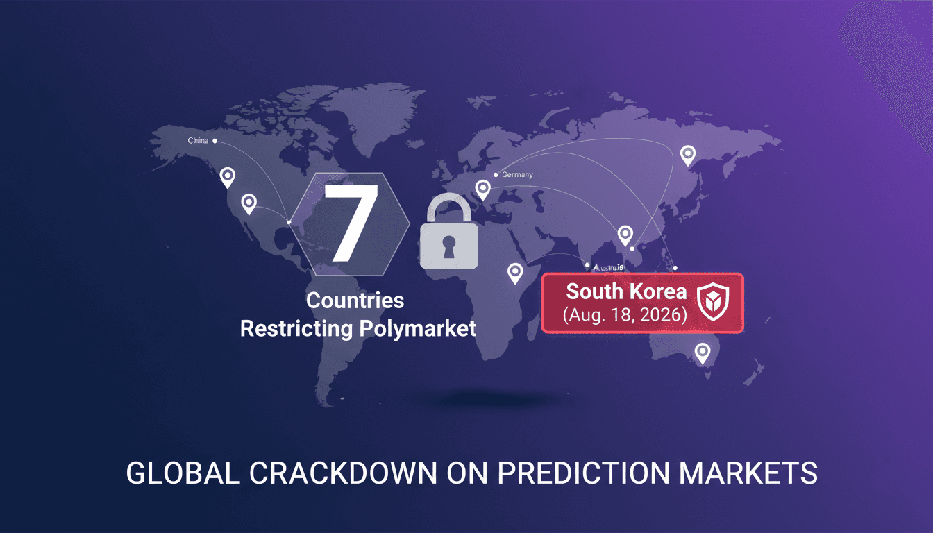 Infographic showing the number of countries restricting Polymarket access, highlighting South Korea's recent addition.