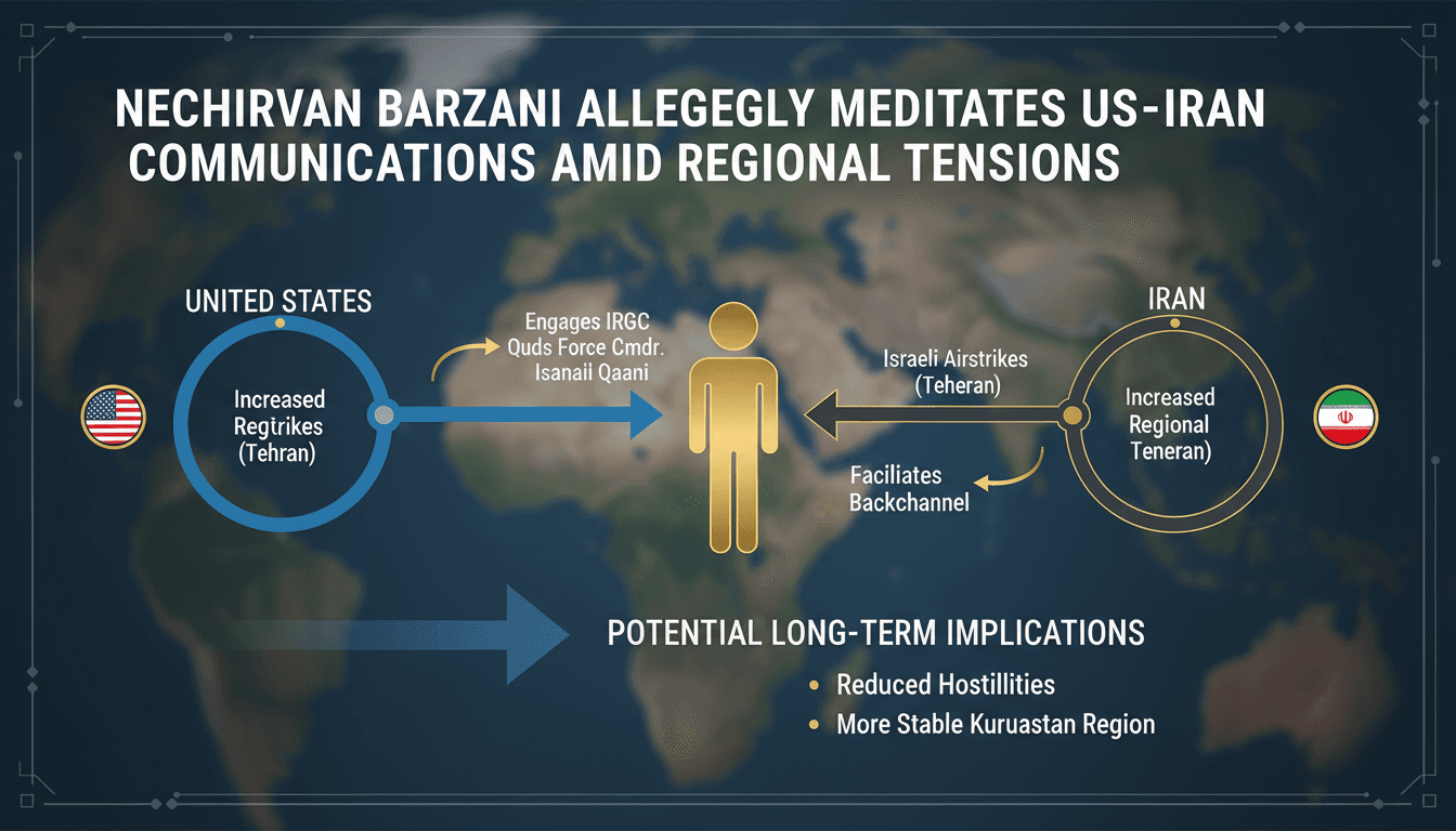 Infographic showing Nechirvan Barzani's mediation efforts between the US and Iran, highlighting key meetings and outcomes.