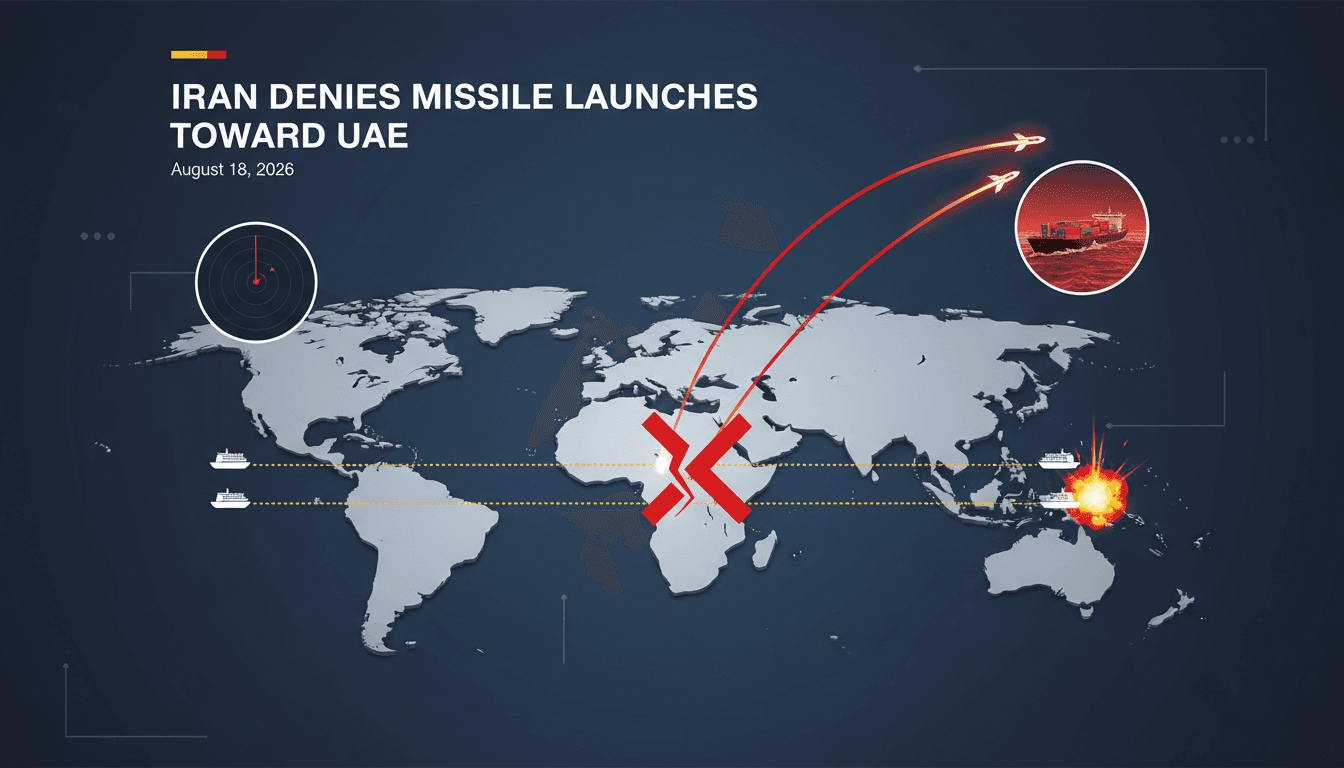 Map showing missile trajectory and regional trade routes affected by Iran's denial of missile launch toward UAE.
