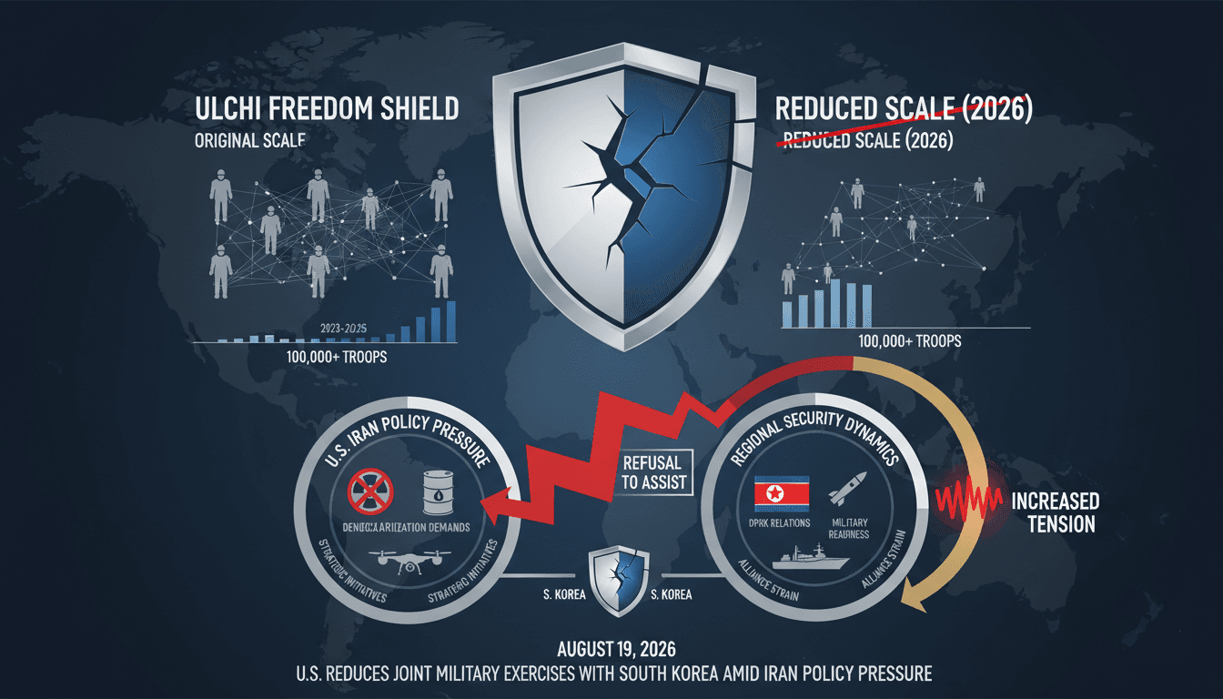 Infographic showing the scale of Ulchi Freedom Shield exercises and implications of their reduction on U.S.-South Korea relations.