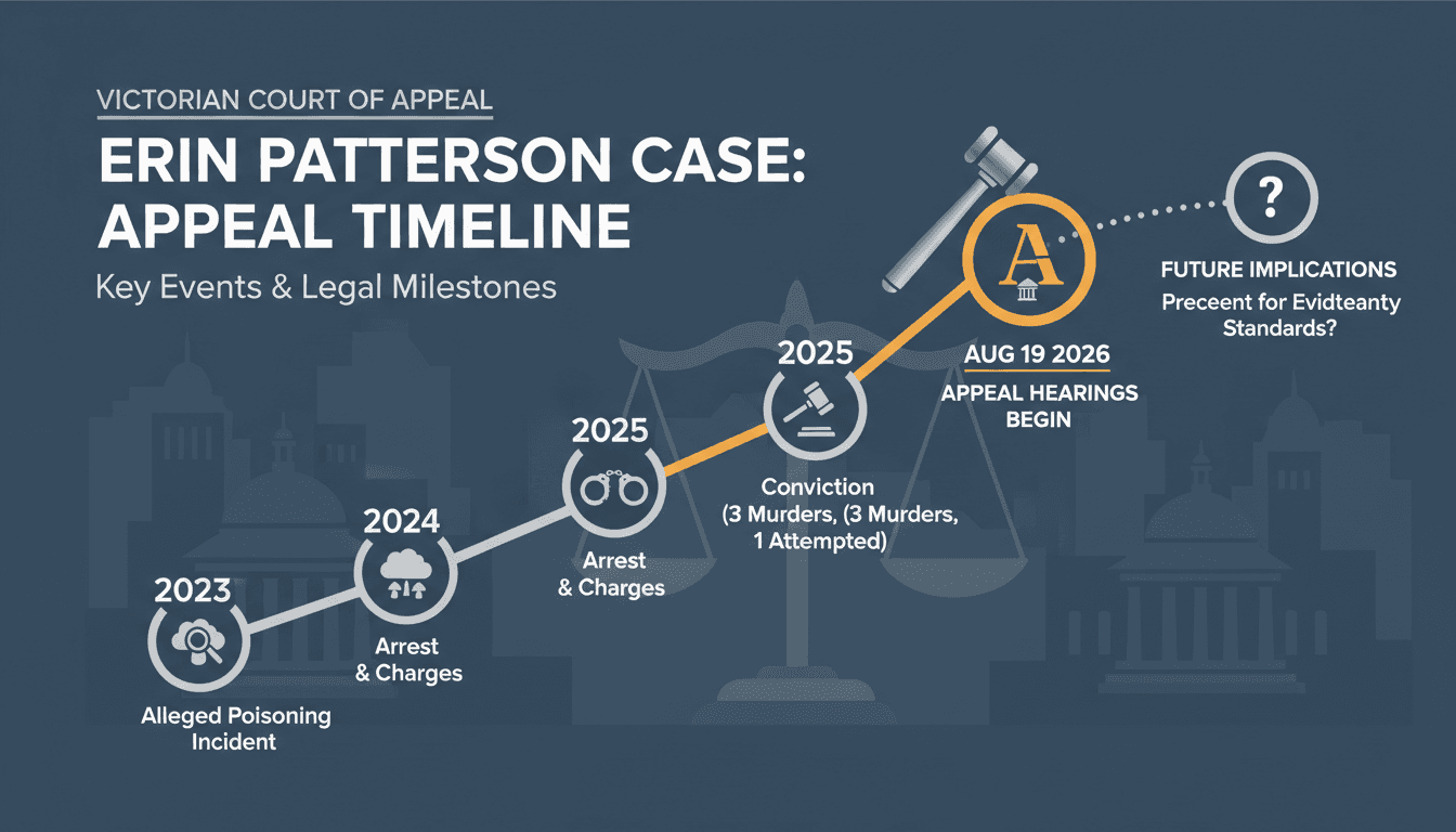 Infographic timeline of Erin Patterson's case, detailing key events and legal milestones.