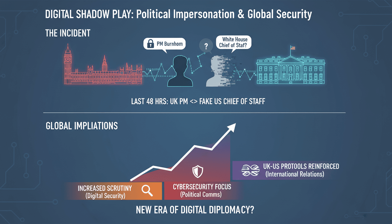 Infographic showing the rise of digital impersonation incidents among political leaders and their implications for international relations.