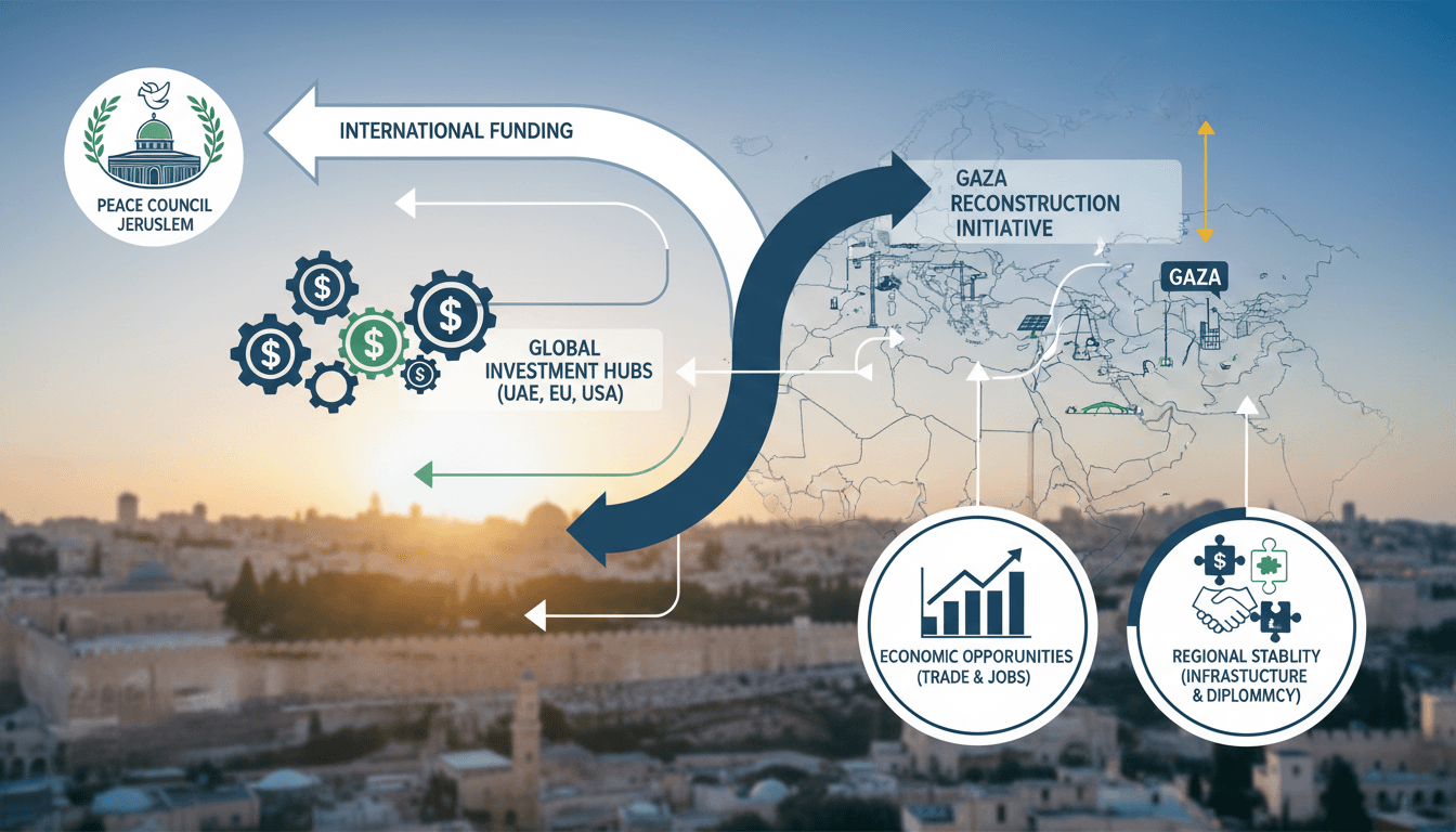 Infographic showing the financial flow from the Peace Council to Gaza's reconstruction efforts.