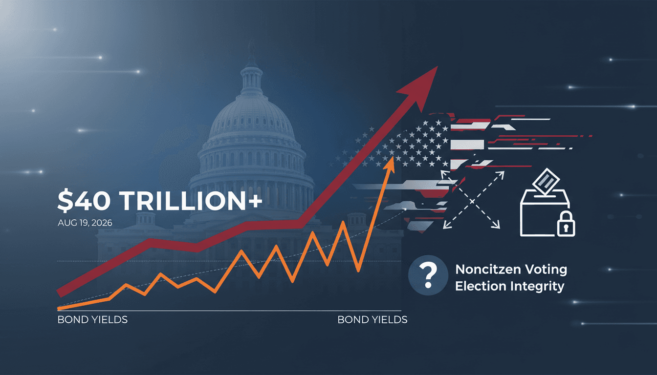 A graphic showing the U.S. national debt surpassing $40 trillion with rising bond yields.