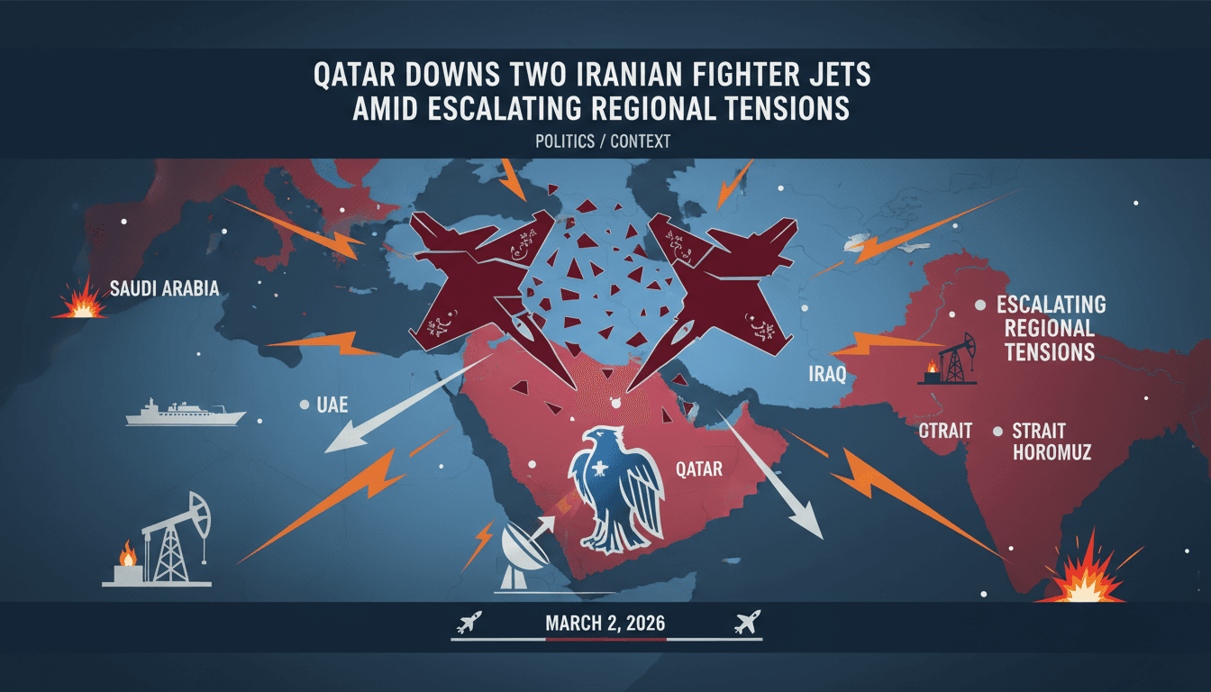 A graphic illustrating the downing of Iranian jets by Qatar, highlighting Gulf tensions and military engagement.