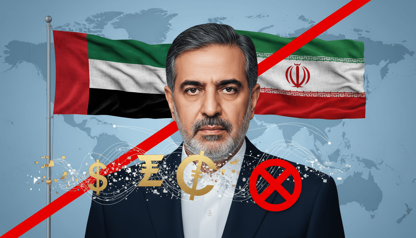 Anwar Gargash denying financial aid claims to Iran against a backdrop of UAE and Iran flags.