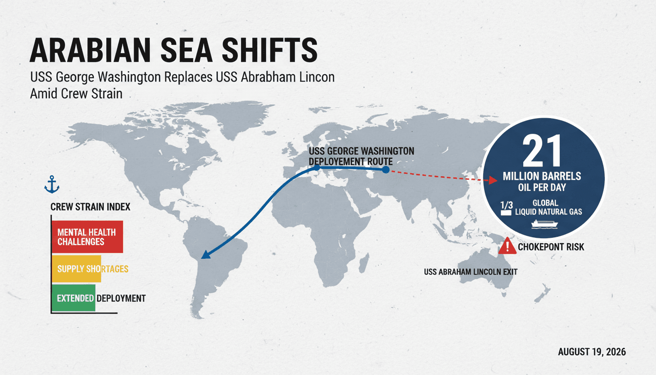USS George Washington aircraft carrier arriving in the Arabian Sea, highlighting military deployment and regional tensions.