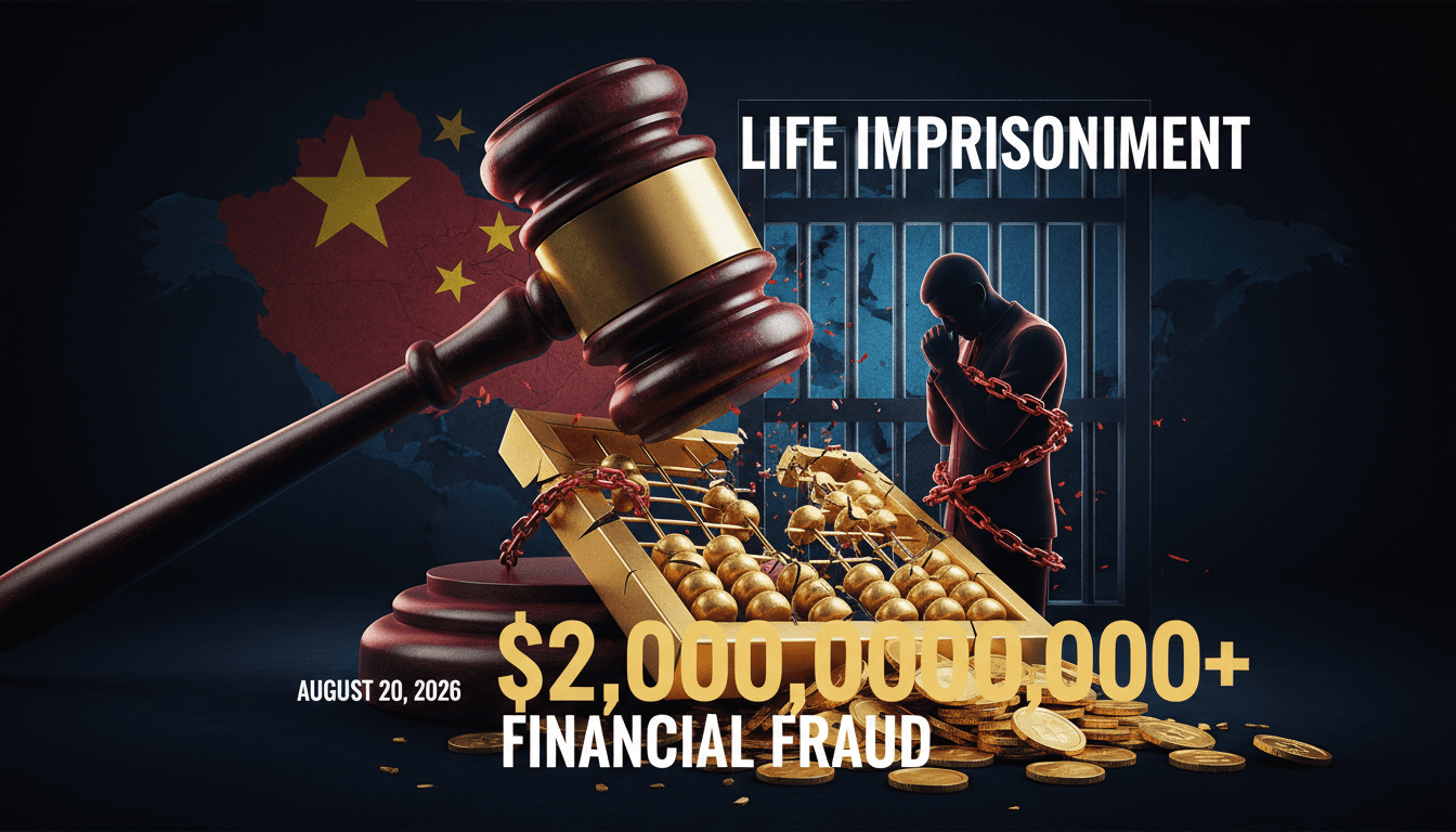 A courtroom scene depicting the sentencing of Xu Jiayin, founder of Evergrande, for financial fraud.