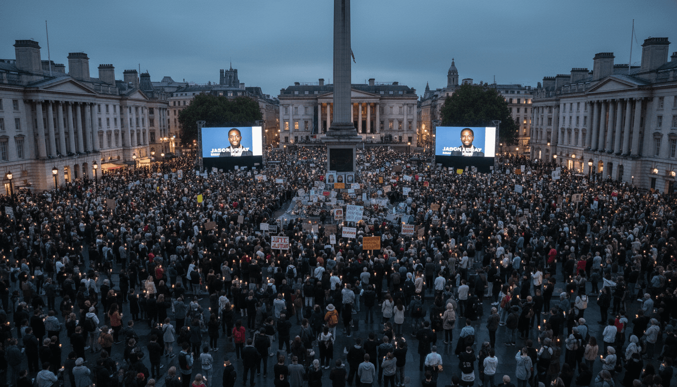 A large crowd gathered in Trafalgar Square for a vigil, holding candles and signs in memory of Jason Arday, highlighting media scrutiny issues.