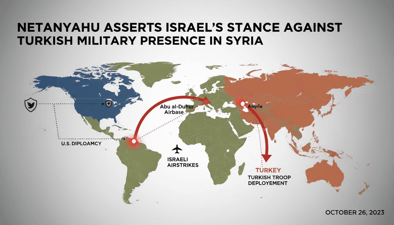 Map showing Israeli airstrikes on Turkish military presence in Syria, highlighting regional security concerns.