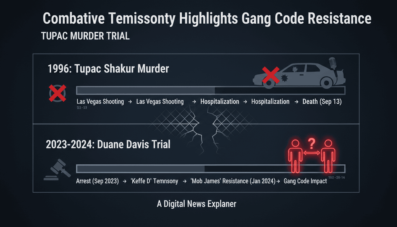 A courtroom scene depicting the tension during the Tupac murder trial, highlighting the combative testimony of James McDonald.