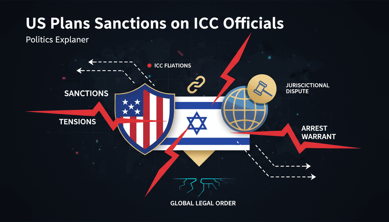 Infographic showing U.S. sanctions on ICC leaders and their implications for international law.