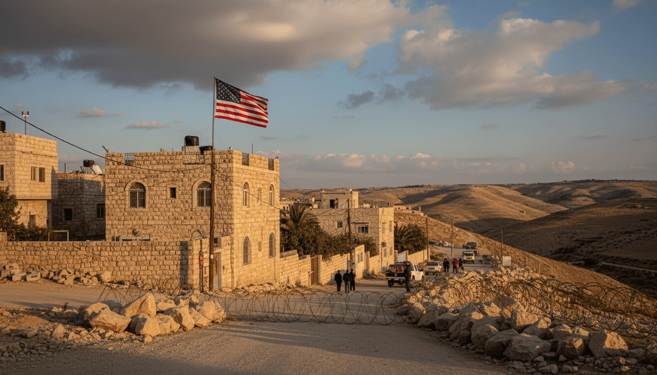 Louai Abu Ridi raising the US flag outside his home in Qusra, symbolizing protest against settler violence.