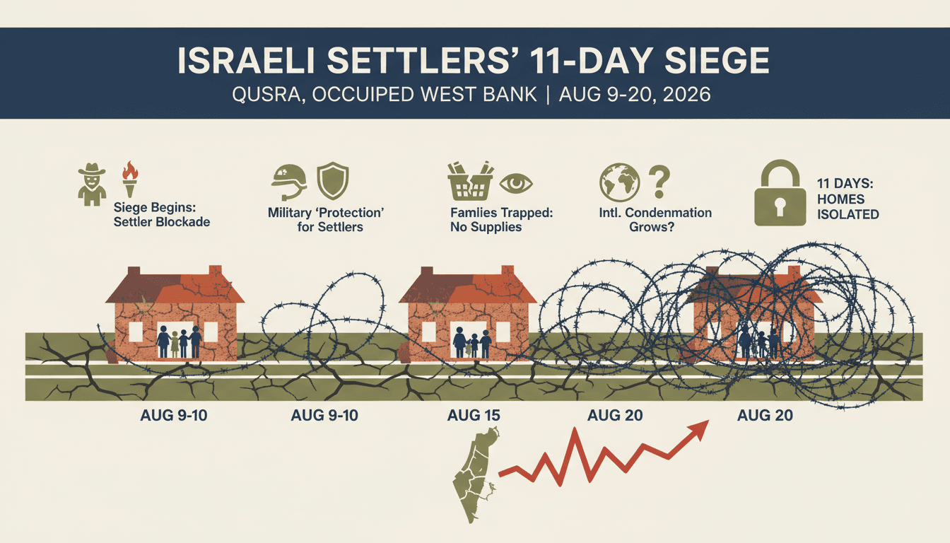 A visual representation of the ongoing siege in Qusra, highlighting the impact on Palestinian families and the involvement of Israeli settlers.