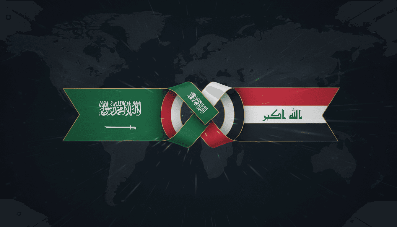 Flags of Saudi Arabia and Iraq intertwined, representing diplomatic relations.