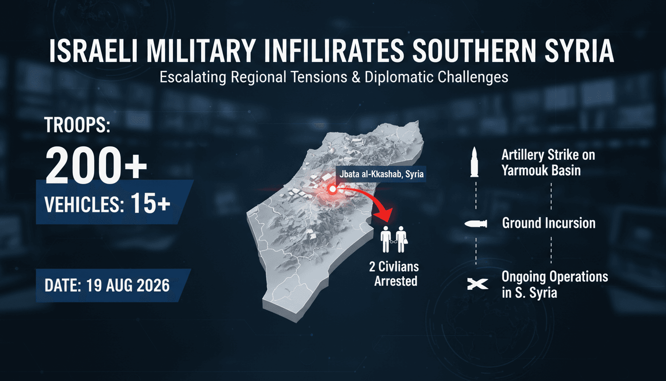 A map highlighting the Israeli military incursion in Jbata al-Khashab, Syria, with troop and vehicle details.