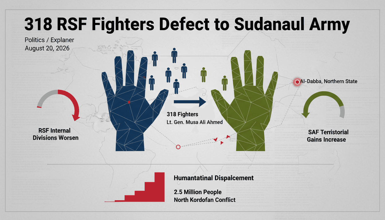 Infographic showing RSF defection to SAF, military dynamics, and humanitarian crisis in Sudan.