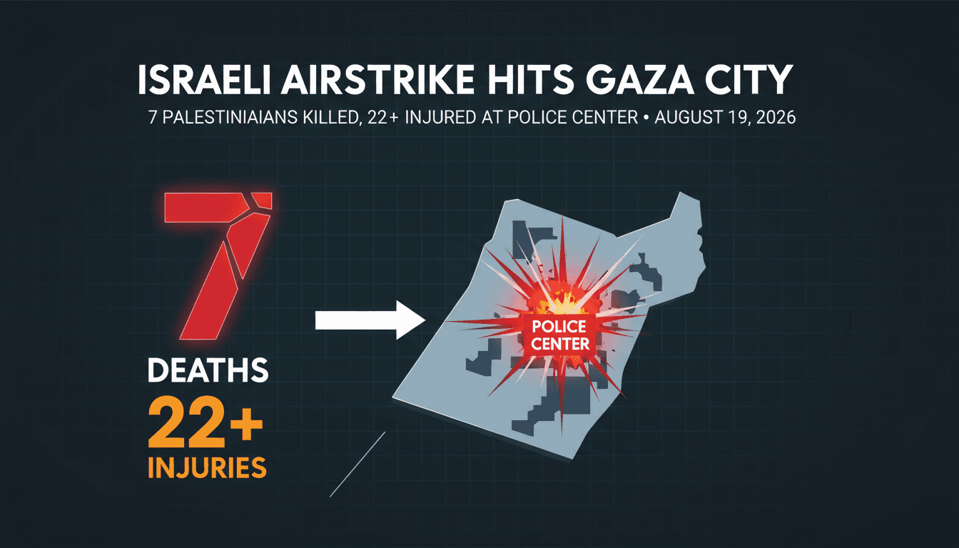 A map highlighting the location of the Israeli airstrike on a Hamas-run police center in Gaza City.