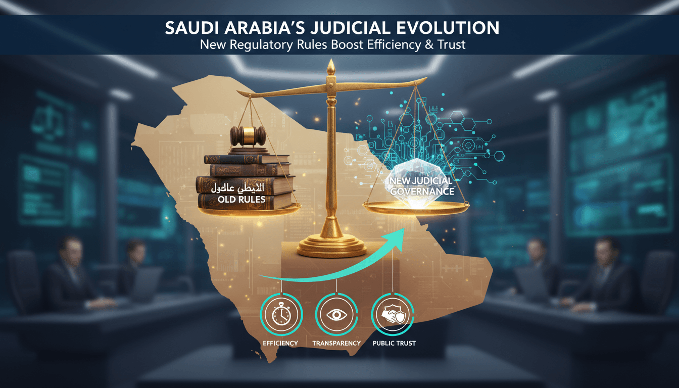 Infographic showing Saudi Arabia's new judicial rules and their impact on court governance and efficiency.
