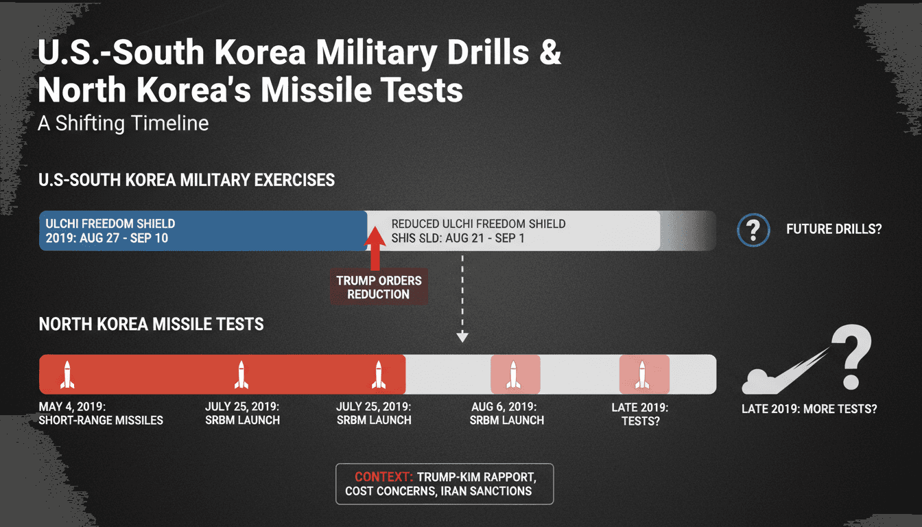 Infographic showing timeline of U.S.-South Korea military exercises and North Korea's missile tests.