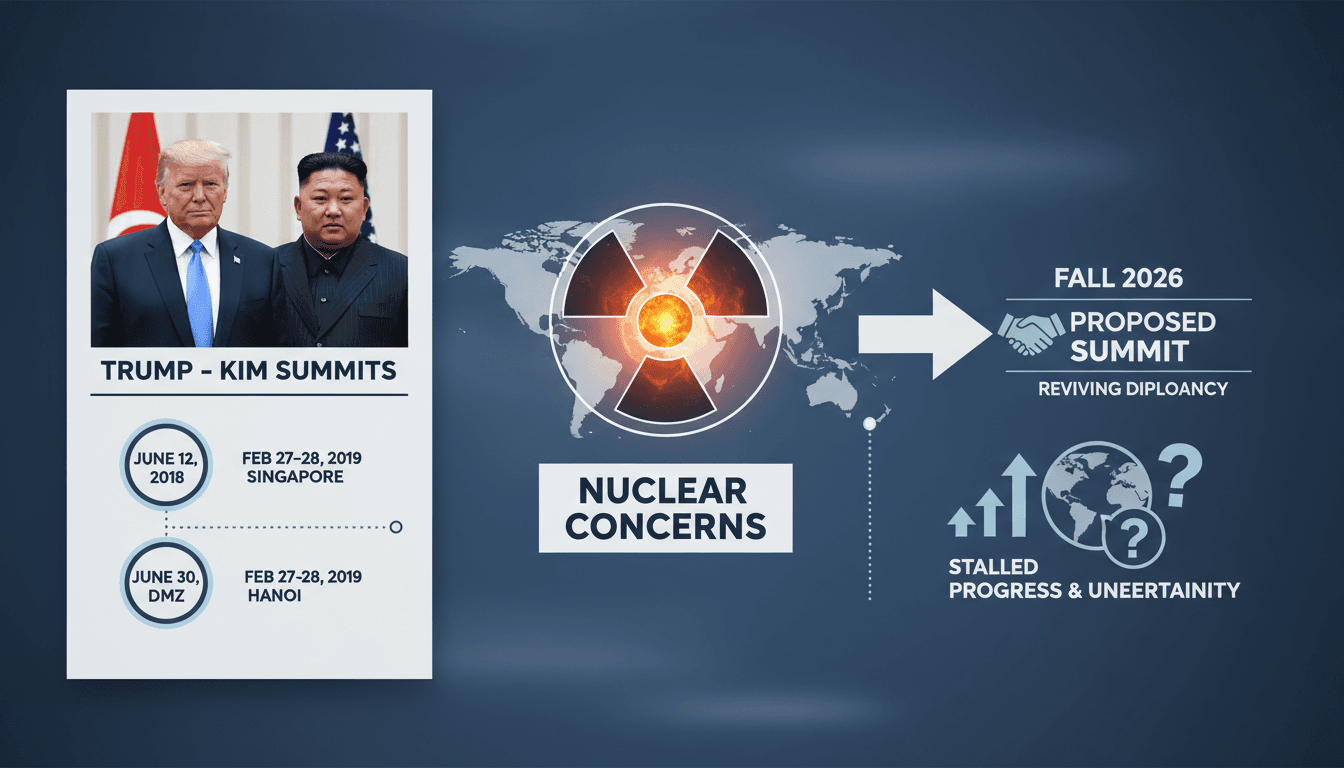 Infographic detailing Trump's pursuit of a summit with Kim Jong Un and North Korea's nuclear capabilities.