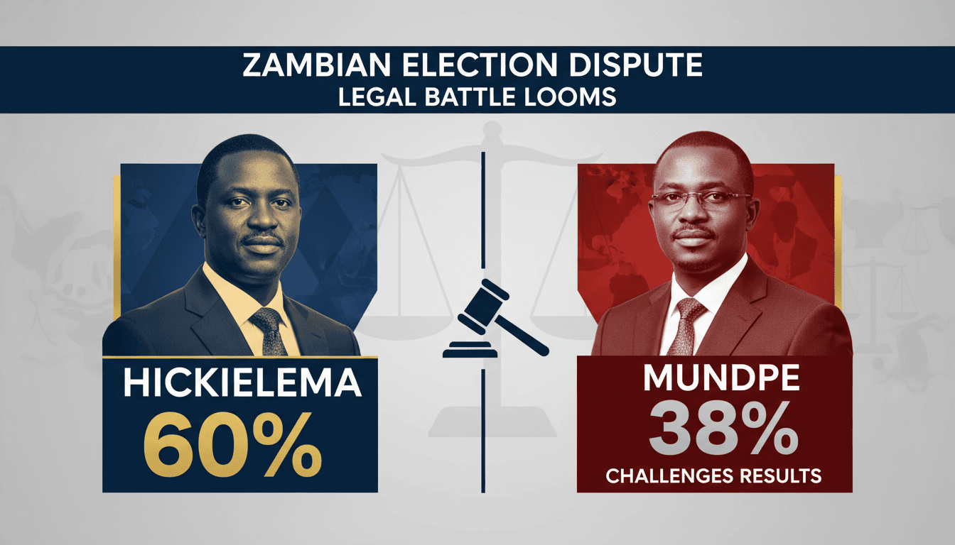 A graphic illustrating the election results in Zambia, highlighting the vote shares of Hakainde Hichilema and Brian Mundubile.